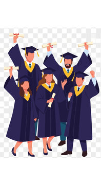 Group of graduates celebrating with raised arms in caps and gowns.