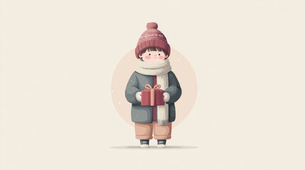 a minimal christmas illustration of a child in winter clothes holding a present