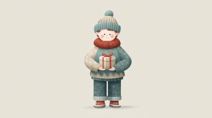 a minimal christmas illustration of a child in winter clothes holding a present