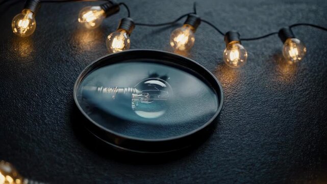 Illuminated bulb in magnifying glass under string lights on textured surface
