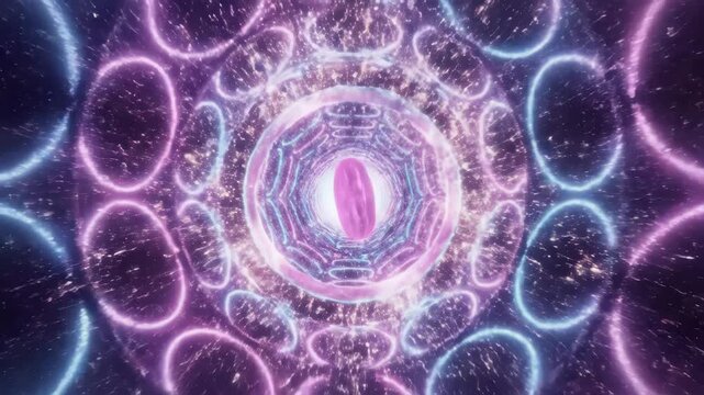 Abstract neon background. Shine ring. Halo around. Sparks particle. Space tunnel. LED color ellipse. Glint glitter. Shimmer loop motion. Empty hole. Glow portal. Pink ball. Slow spin.  Bright disc. 