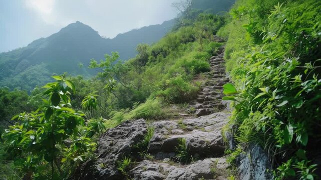 Video A winding stone path leads up a steep hill in a natural landscape