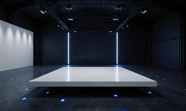 Minimal XR Stage - Wide angled lens captures glossy white platform floating in dark warehouse, ceiling-rigged projectors cast subtle blue