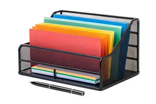 Organized desktop a black metal mesh document holder featuring colorful file folders, a professional pen, and a stack of memo pads for office efficiency