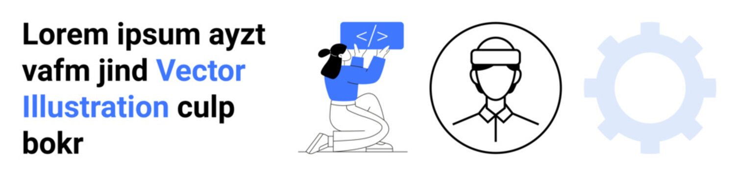 Software engineering, web development, user interface, coding lessons, IT services, and technology workflow. Woman reviewing code, user profile icon and gear symbol. Software engineering and web
