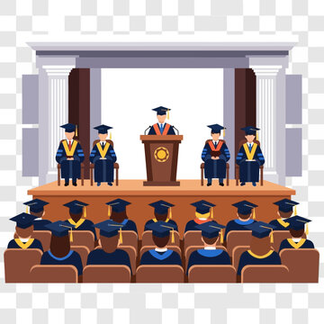 Graduation ceremony with students and faculty on stage.