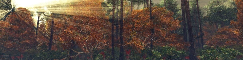 Forest in the morning in a fog in the sun, trees in a haze of light, glowing fog among the trees, 3D rendering