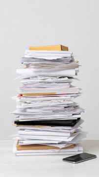 Towering stack of papers with smartphone on white background