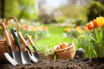 Gardening tools and flower beds in a bright garden during spring time with colorful flowers and fresh soil