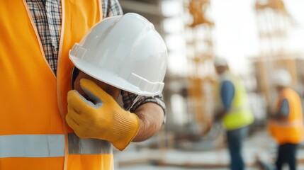 Safety helmet in hand as construction work continues at a busy site