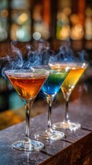 Fototapeta premium Colorful smoking cocktails on bar counter in elegant setting