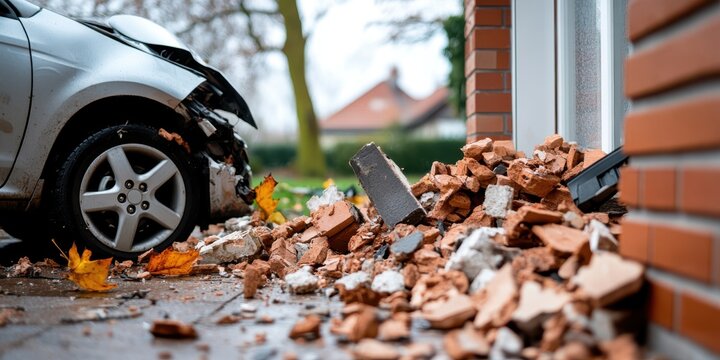 Car crashes into house wall leaving debris and smoke in the air