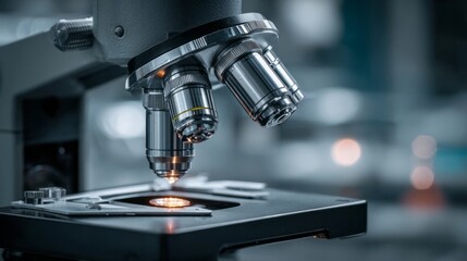 Fototapeta premium Laboratory microscope reveals microscopic detail on a slide.