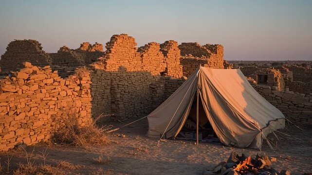Camping Tent at the Ruins of Kuldhara Village at Sunset