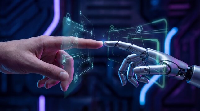 Human and robot interaction futuristic technology setting digital communication virtual environment close-up perspective exploration of ai and humanity