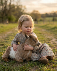 Little Girl Embracing Baby Goat