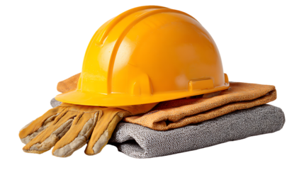 Yellow hard hat and work gloves on folded towels and cloth isolated on transparent background