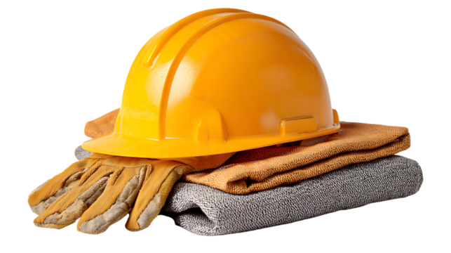 Yellow hard hat and work gloves on folded towels and cloth isolated on transparent background - Powered by Adobe