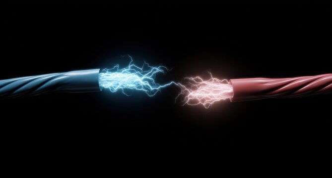 Electric sparks connect blue and red wires in dynamic energy display