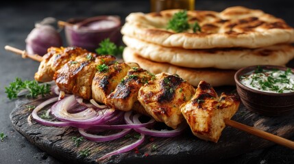 Plate of chicken skewers with onions and parsley, and a bowl of sauce. Scene is inviting and appetizing