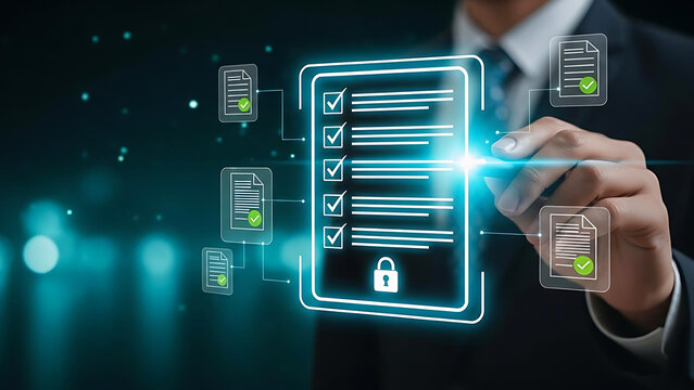 Businessman using digital checklist with lock icon, secure document approval and compliance concept