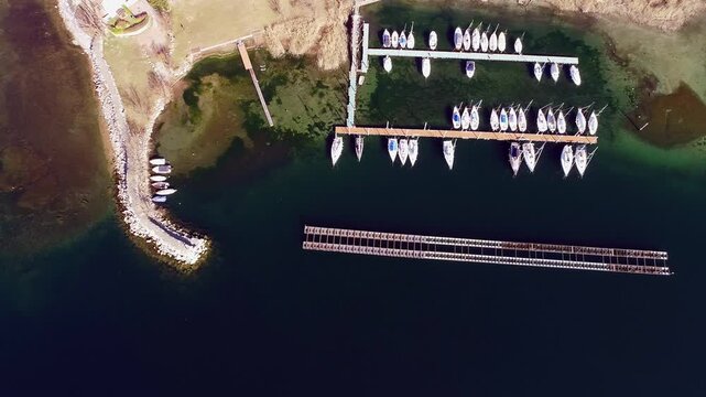 Aerial view of Sasso Moro harbor on Lake Maggiore, province of Varese, Lombardy, Italy