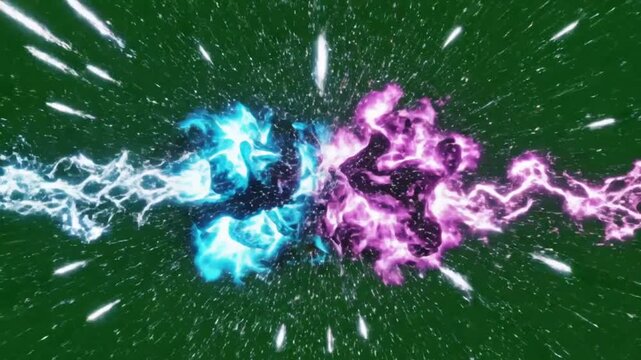 Abstract illustration of two powerful energy forces clashing and exploding on a green screen background