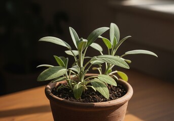 Potted sage herb on wooden table with soft natural light 