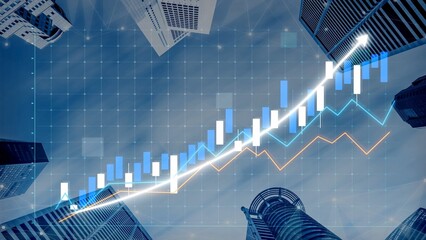 A striking visualization of a bullish candlestick chart representing stock market growth, framed by a panoramic urban skyline, showcasing financial success and dynamism. Copula