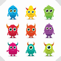 Obraz premium A collection of eight colorful and whimsical cartoon monsters with large eyes and friendly expressions.