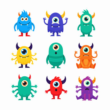 A colorful group of cute cartoon monsters expressing different emotions with happy sad and angry feelings.
