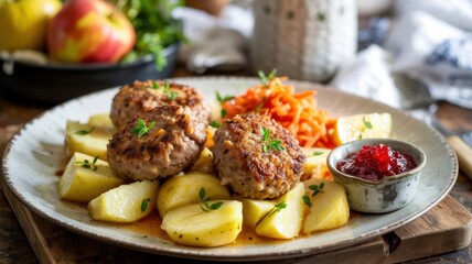 Danish cuisine. Frikadeller (Danish meatballs) is a classic Danish dish. These minced meat patties are one of the most beloved meat dishes in Denmark and are served in a variety of ways.