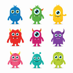 Obraz premium A collection of cute, colorful cartoon monsters with various expressions and shapes, standing on a white background.