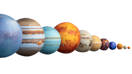 Planets in our solar system lined up in order of size on transparent background