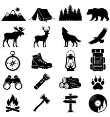 Fototapeta premium Black and white Outdoor Adventure and Camping Silhouette Icons, camping, outdoors, wildlife, adventure, nature, silhouette, icons, exploration, forest, hiking, mountains, tents, pine trees, bear, 