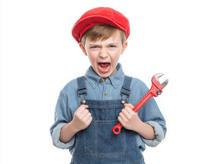 Boy in plumber outfit holding red wrench, funny proud expression, white background
