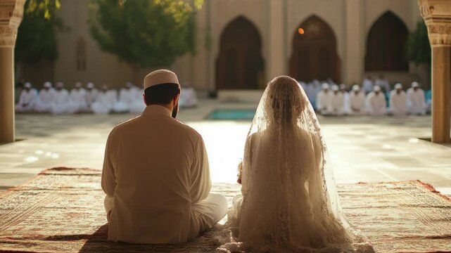 Muslim couple praying during wedding ceremony in a mosque