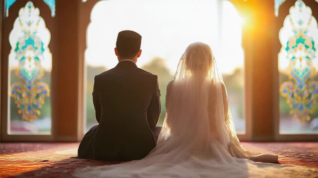 Muslim couple praying in mosque on wedding day