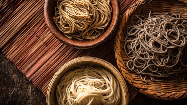 Three bowls of noodles are displayed on a wooden table. The bowls are filled with different types of noodles, including white, brown, and gray. Concept of variety and abundance