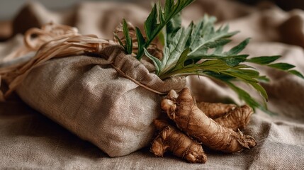 Fototapeta premium Bundle of herbs and roots are displayed on a cloth. The herbs are fresh and green, and the roots are brown