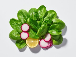 Ultra realistic flat lay of fresh spring salad ingredients with spinach and radish slices