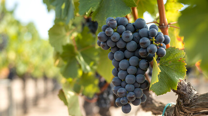 A succulent cluster of dark red grapes ripening on the vine in a sun-drenched vineyard