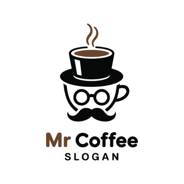 A cartoon coffee cup with a mustache and glasses