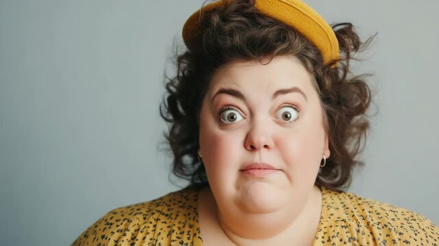Surprised plus-size woman gasping in shock and amazement