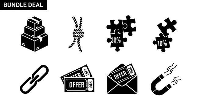 This icon set features black silhouettes representing bundle deals, special offers, and sales promotions.
