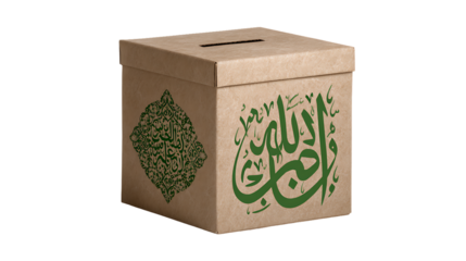 Brown cardboard box with green arabic calligraphy and design on transparent background