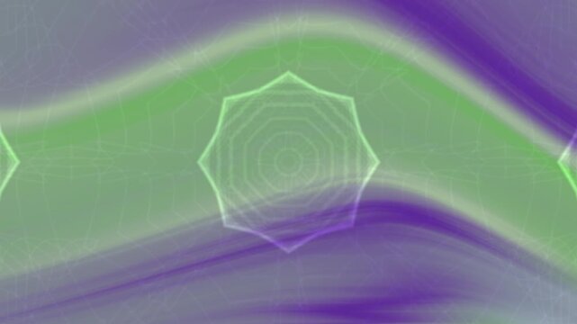 A vibrant abstract digital art piece featuring flowing purple and green waves with layered, glowing decagonal geometric patterns creating a sense of depth.