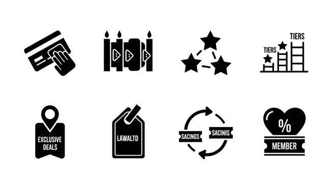 Collection of black and white vector icons illustrating customer loyalty programs and exclusive deals.