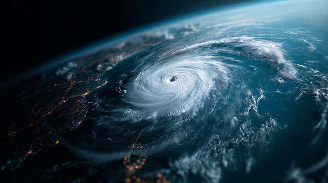 Severe typhoon weather system digital enhancement visualization tropical storm phenomenon hurricane cyclone extreme weather event atmospheric catastrophe with copy space