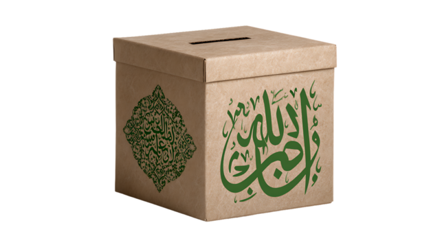 Brown cardboard box with green arabic calligraphy and design on transparent background - Powered by Adobe